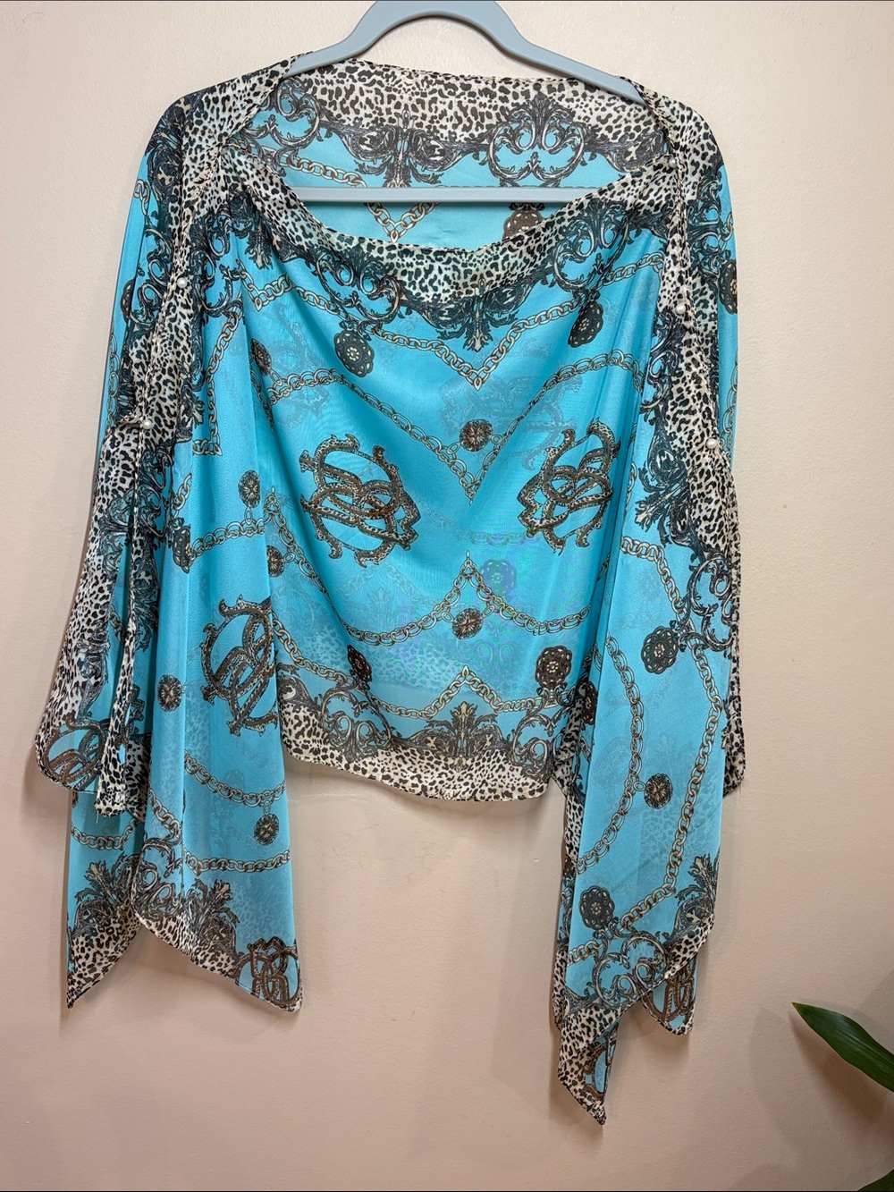 Embellished Scarf-Style Turquoise Poncho Topper